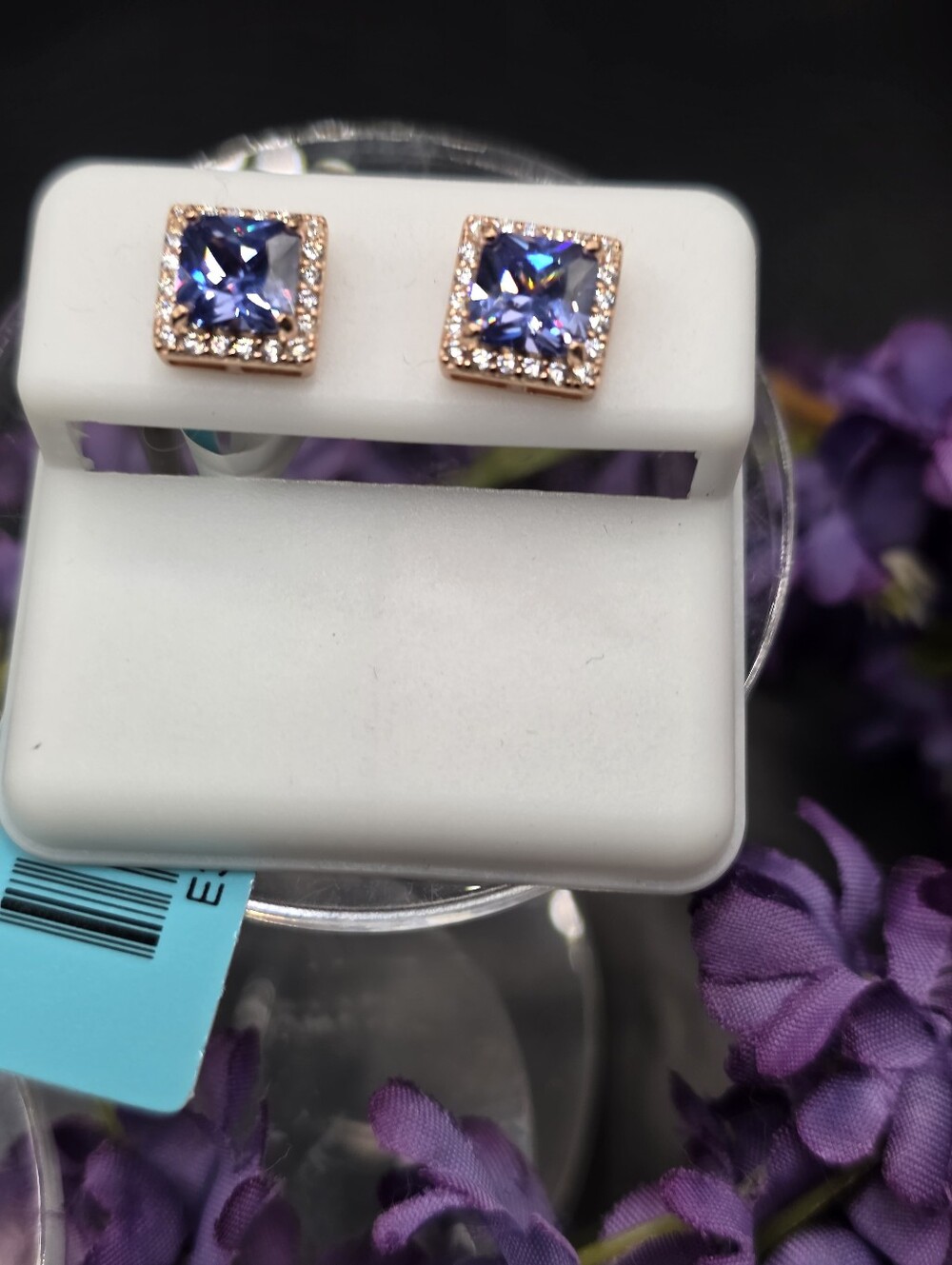 Rose Gold Stud Earrings with Tanzanite Square Crystal Halo